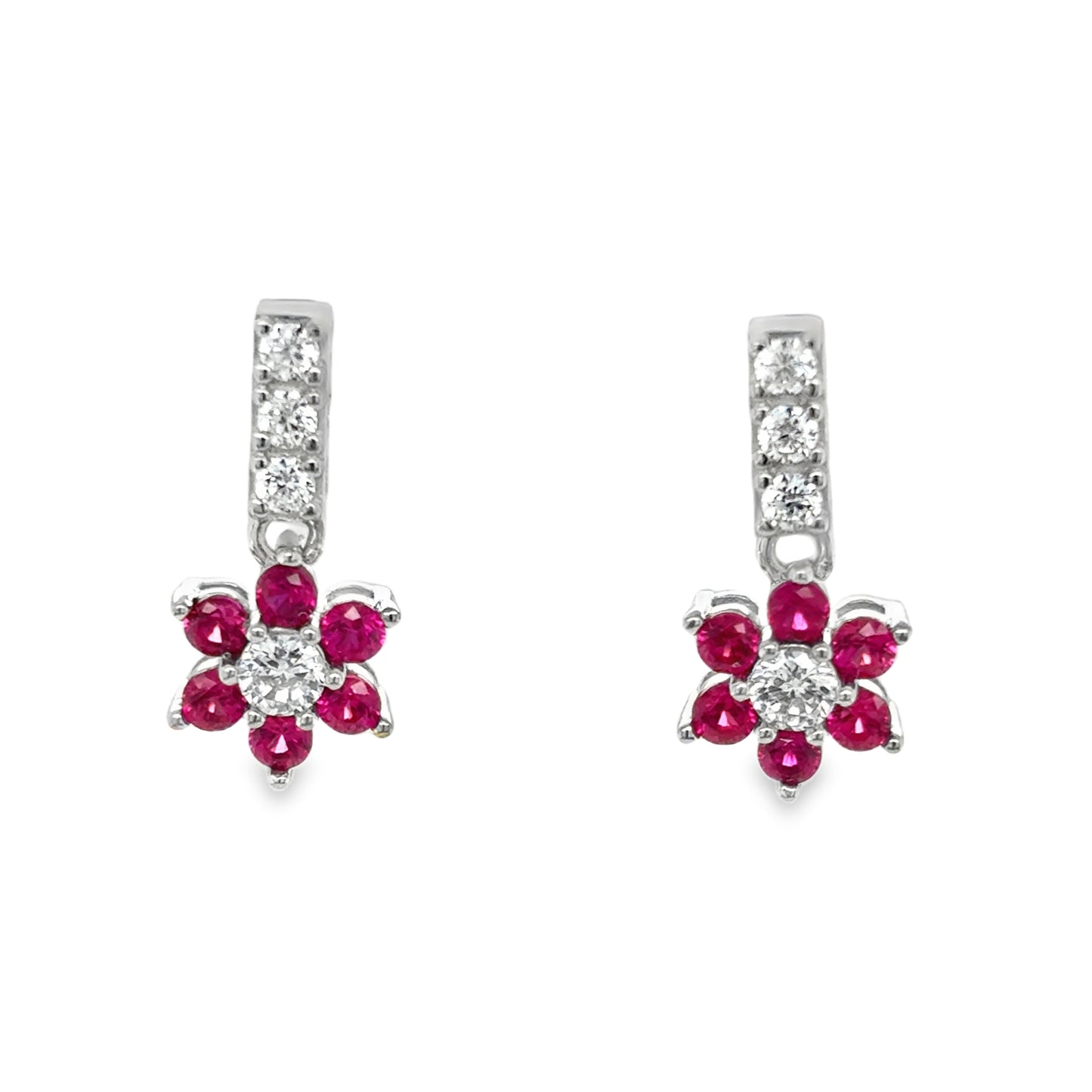 Sterling Silver Red CZ Flower Drop Earrings