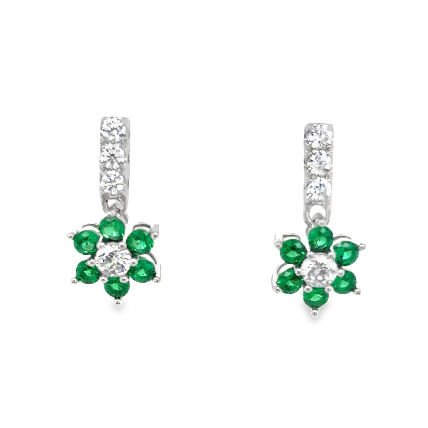 Sterling Silver Green CZ Flower Drop Earrings