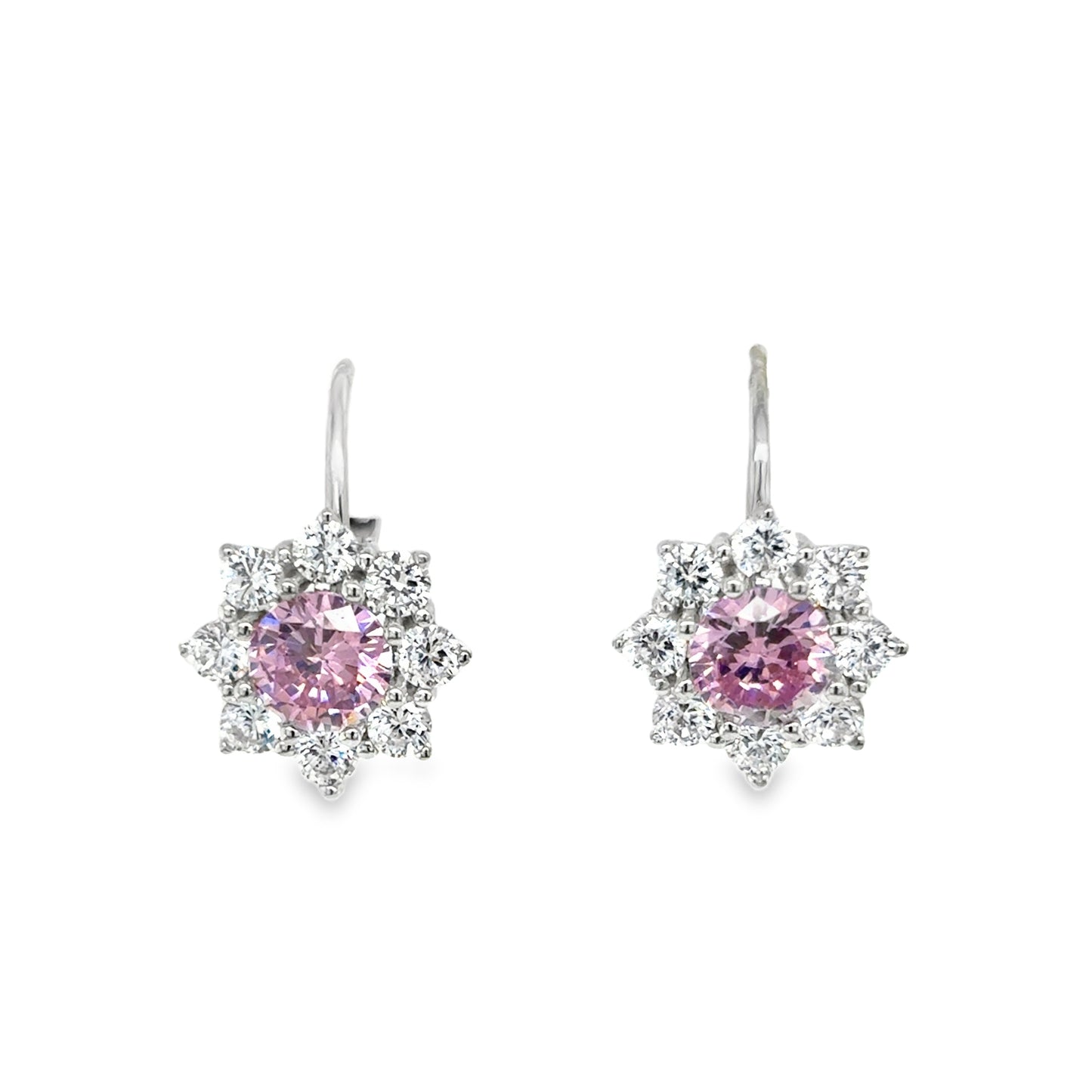 Sterling Silver Pink CZ Flower Cluster Drop Earrings