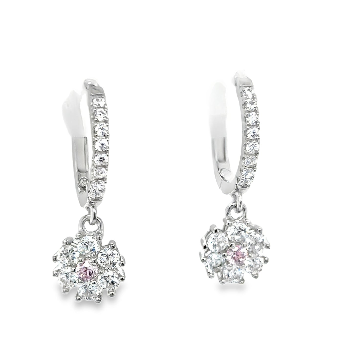 Sterling Silver CZ and Pink Flower Cluster Huggy Drop Earrings