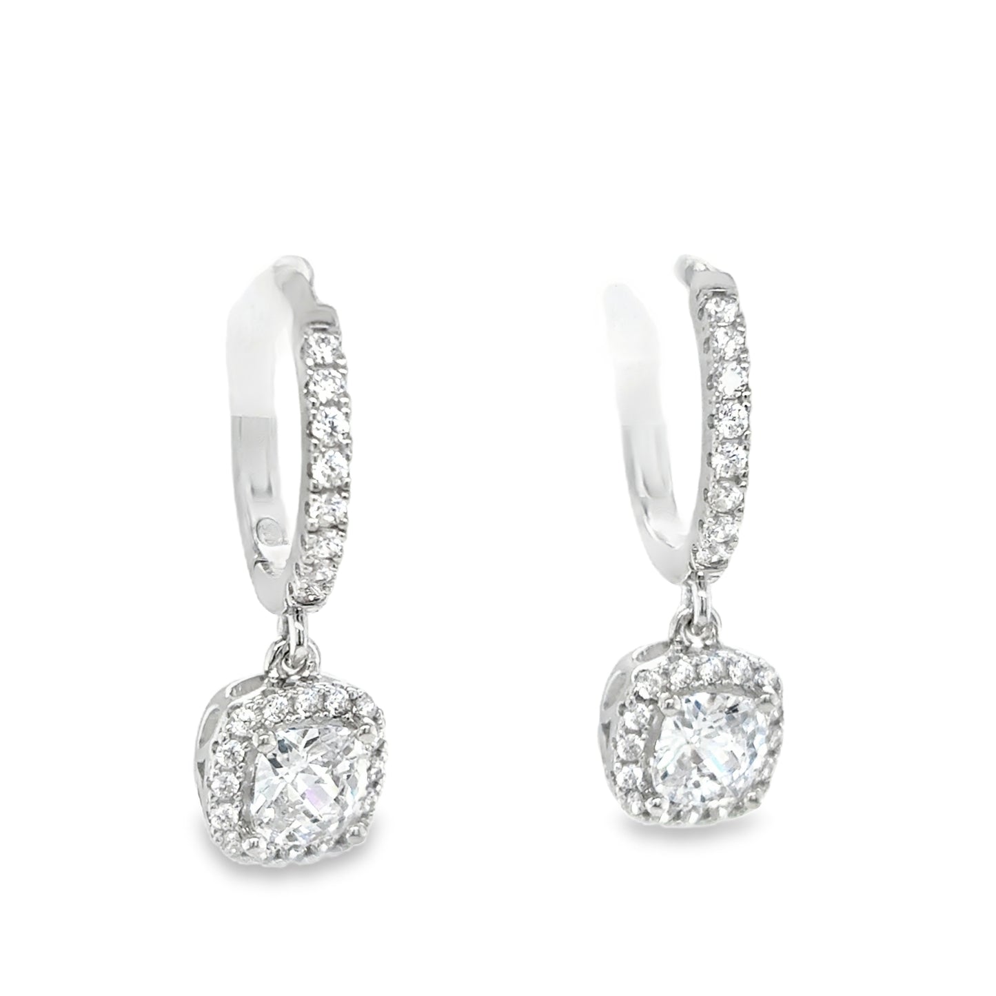 Sil E/rg Cushion Cut CZ Cluster Huggy Drop Earrings