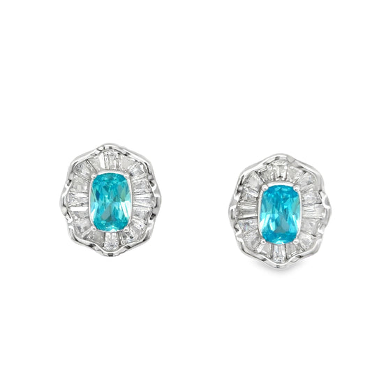 Sterling Silver Blue CZ Antique Elongated Cushion Cluster Earrings