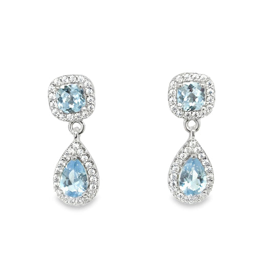 Sterling Silver Cushion and Pear Cut Blue CZ Cluster Drop Earrings