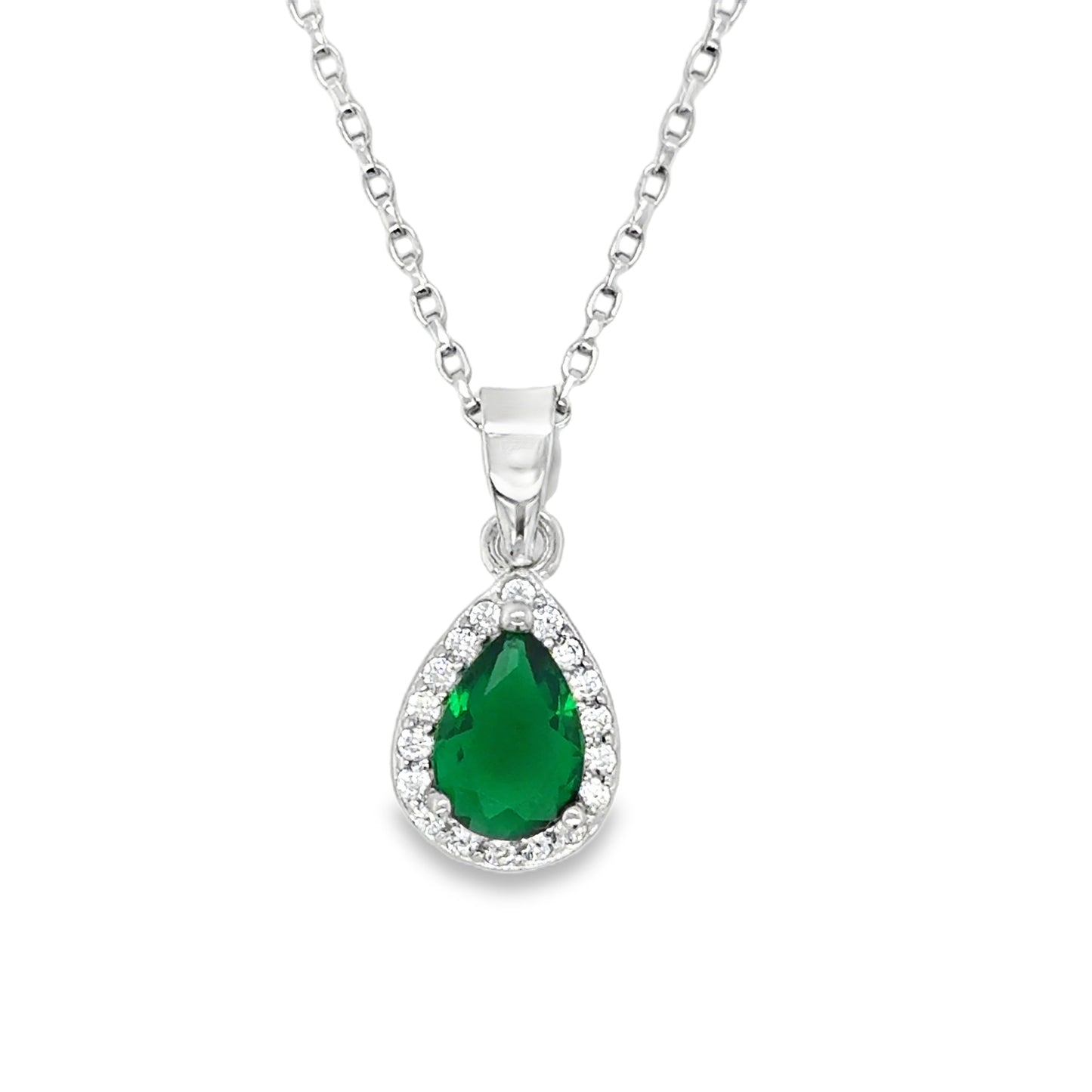 Sterlng Silver CZ Green Pear Pendant With Halo