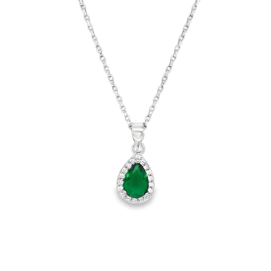Sterlng Silver CZ Green Pear Pendant With Halo