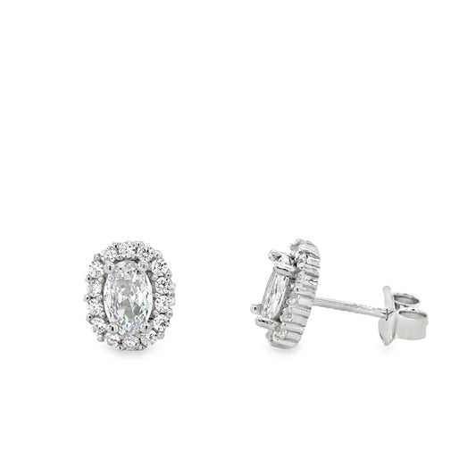 Sterling Silver Oval CZ Halo Stud Earrings