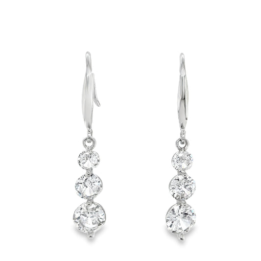 Sterling Silver Three Stone Round CZ Drop Shepard's Hook Earrings