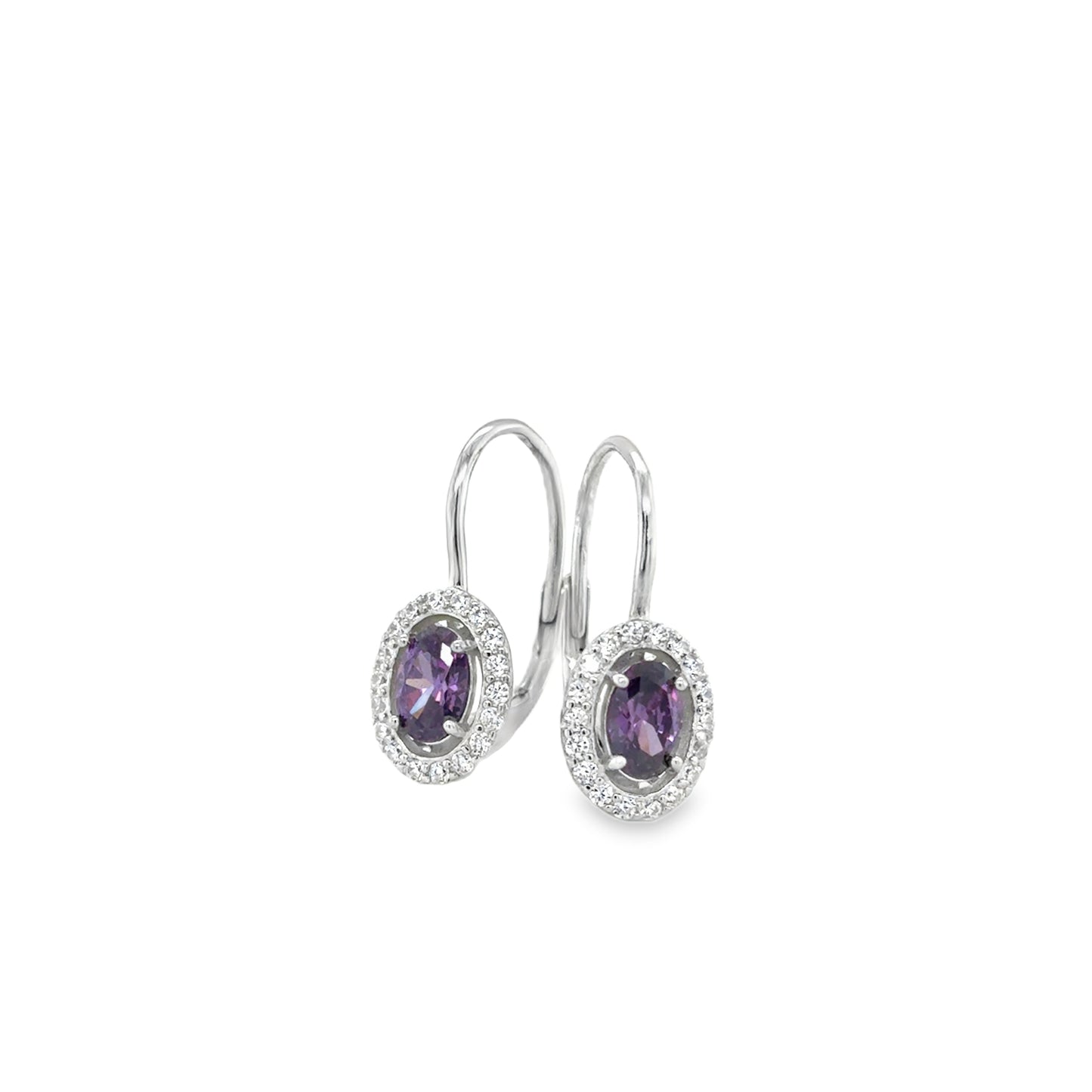 Sterling Silver Oval Amethyst and CZ Halo Drop Earrings