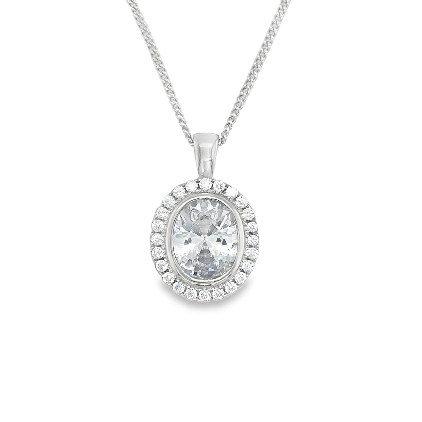 Sterling Silver Rubover Set Oval CZ Halo Pendant