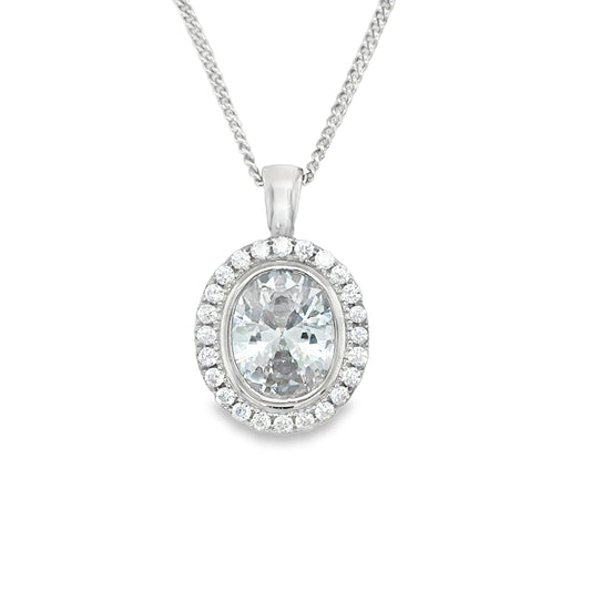 Sterling Silver Rubover Set Oval CZ Halo Pendant