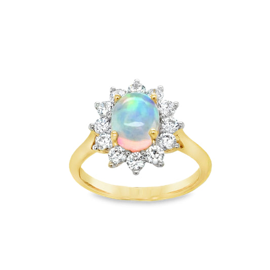 9ct Yellow Gold Oval Opal and CZ Halo Ring