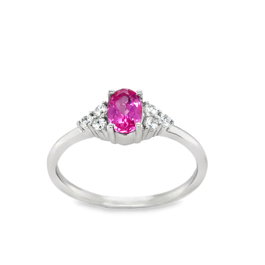 9ct Yellow Gold Oval Created Pink Sapphire Ring with Cz Shoulders