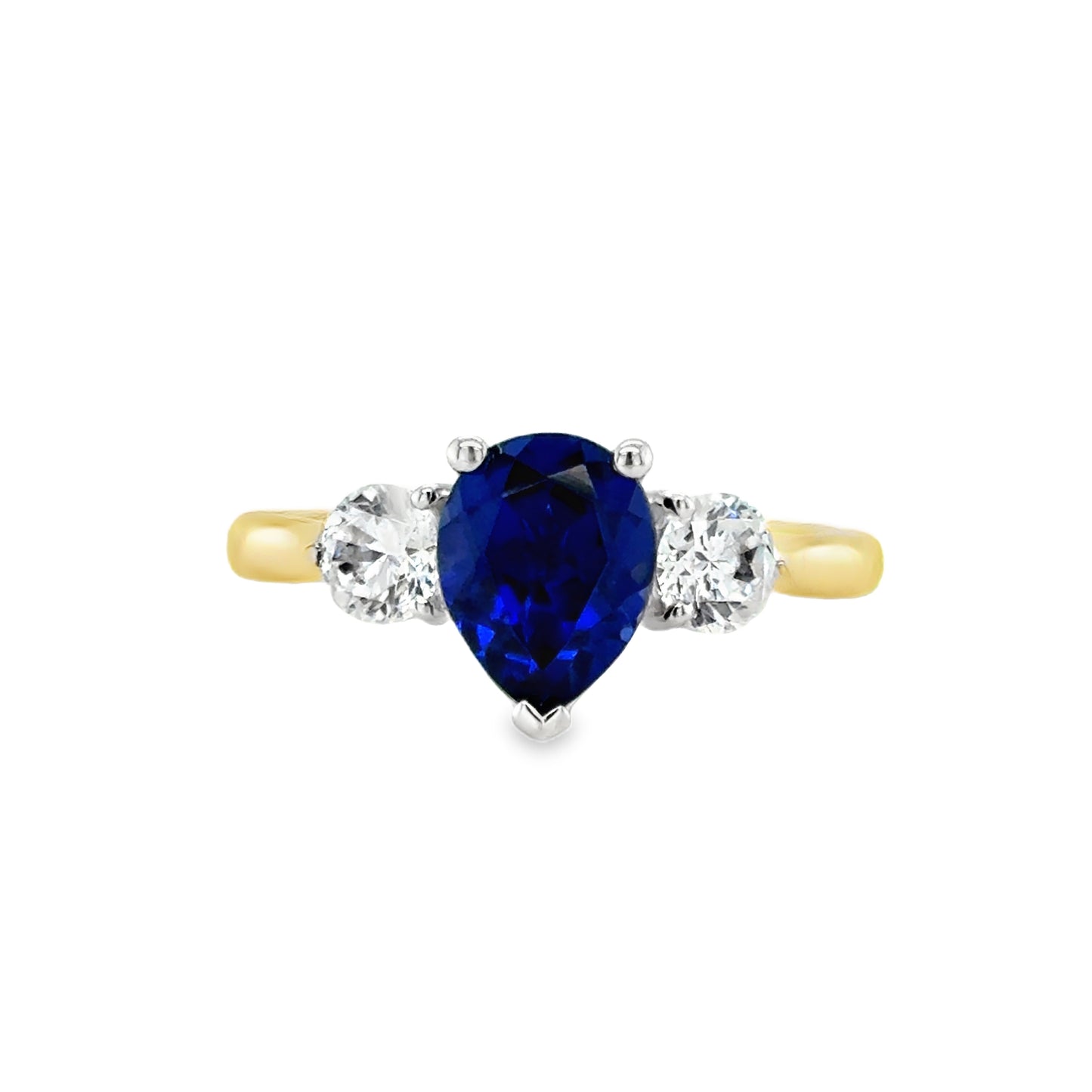 9ct Yellow Gold Pear Cut Created Sapphire Ring with Round CZ Shoulders