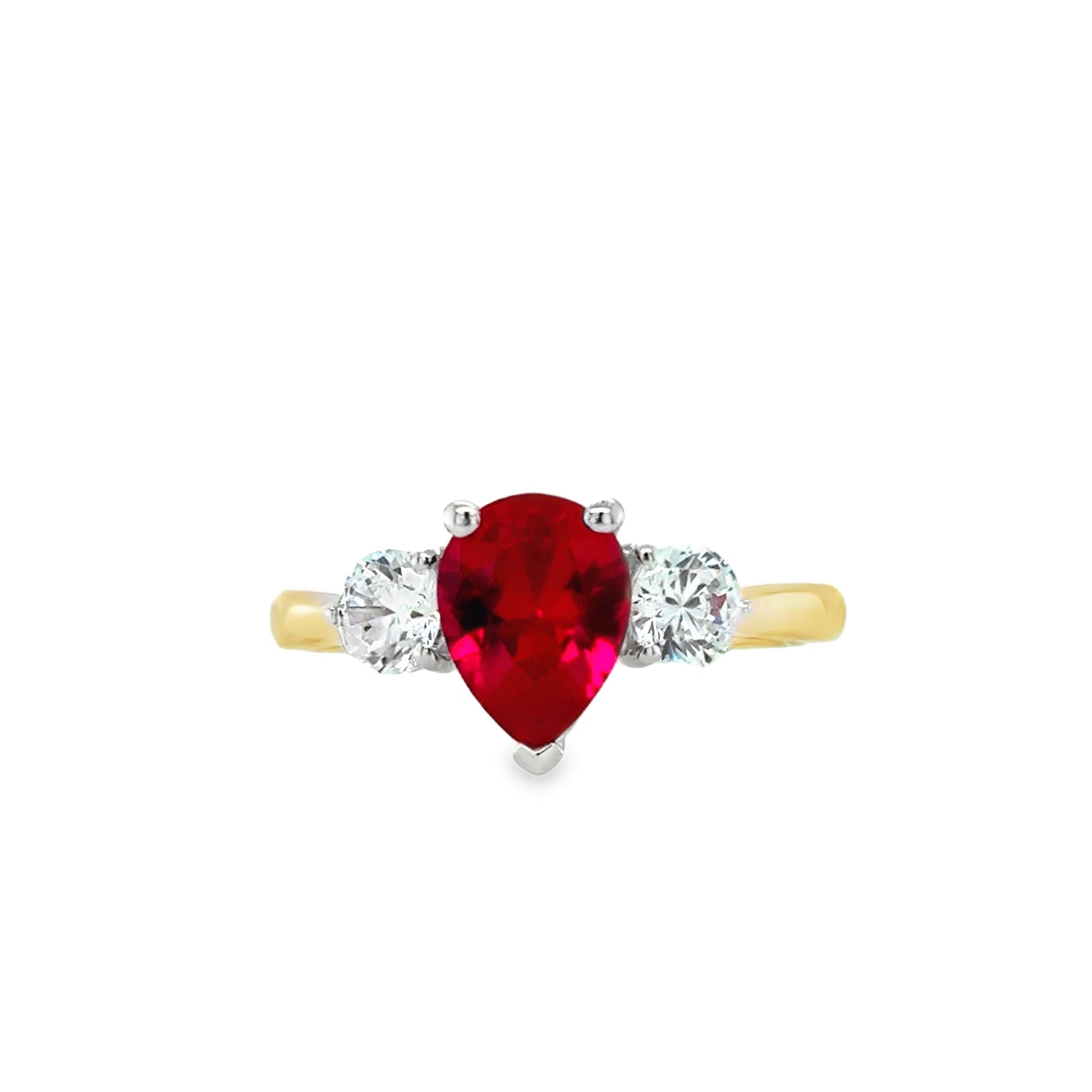 9ct Yellow Gold Pear Cut Created Ruby Ring with Round CZ Shoulders