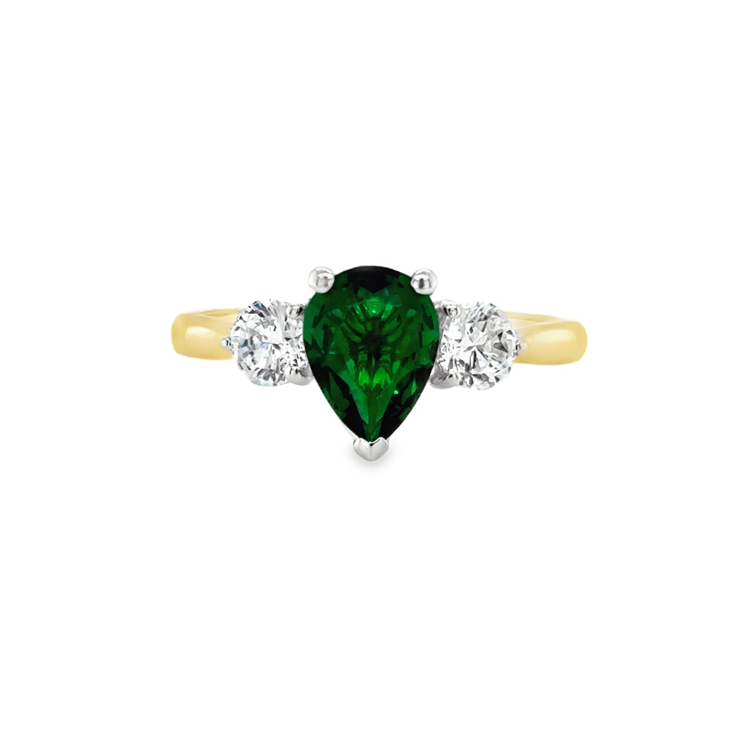 9ct Yellow gold Pear Cut Created Emerald Ring with Round CZ Shoulders