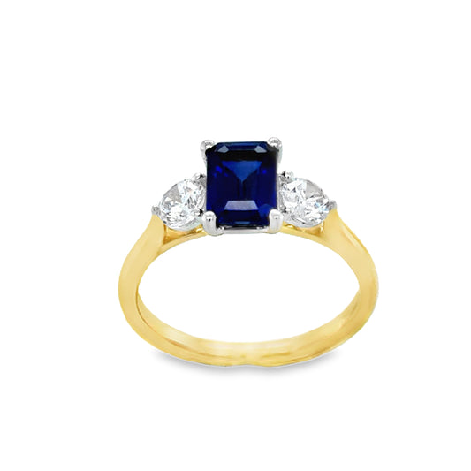 9ct Yellow Gold Emerald Cut Created Sapphire Ring with Round CZ Shoulders