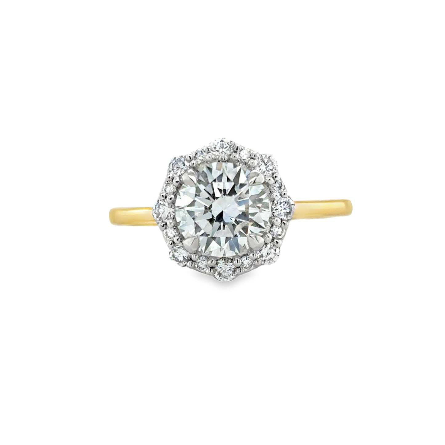 9ct Yellow Gold Round Brilliant Solitaire Diamond Ring with Fancy Diamond Set Halo 1.81ct