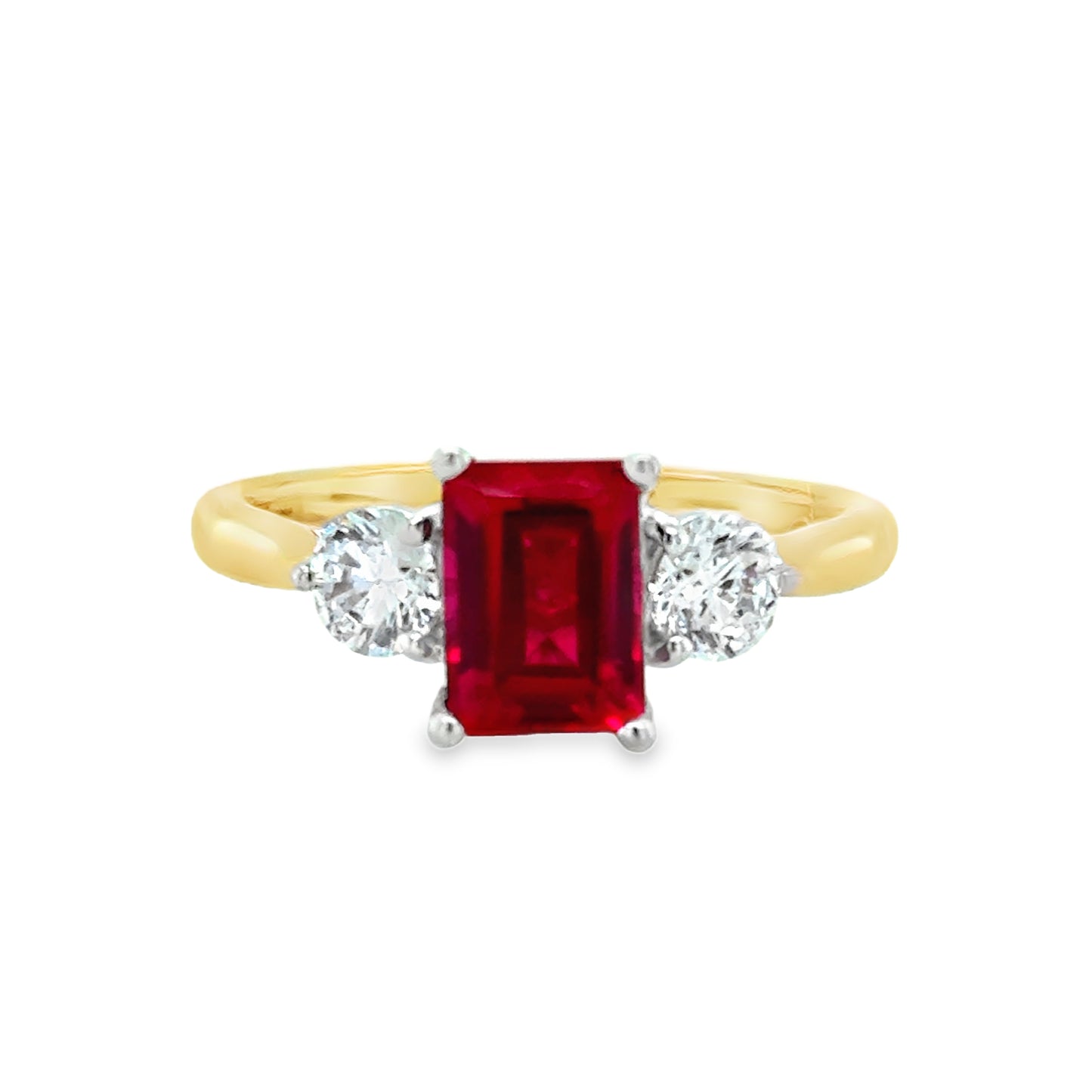 9ct Yellow Gold Emerald Cut Ruby Ring with CZ Shoulders