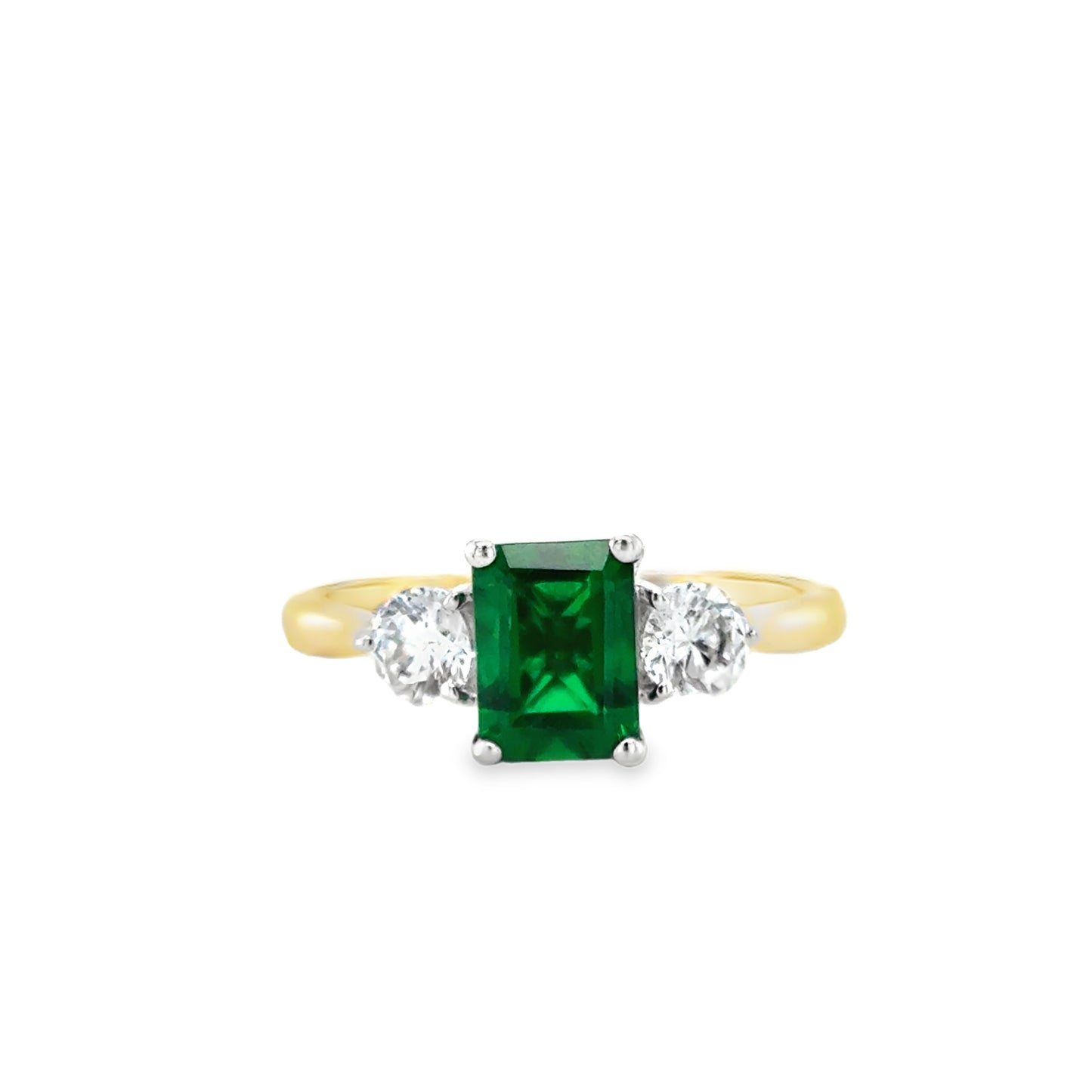 9ct Yellow Gold Emerald Cut Created Emerald Ring with CZ Shoulders