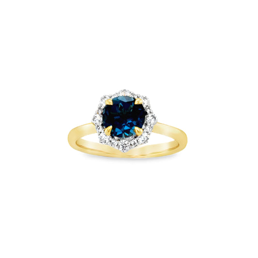 9ct Yellow Gold Round London Blue Topaz Ring with CZ Halo