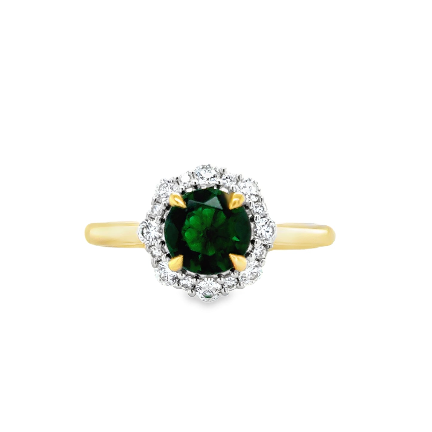 9ct Yellow Gold Round Created Emerald Ring with CZ Halo