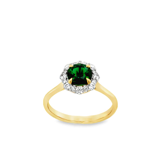 9ct Yellow Gold Round Emerald Ring with CZ Halo