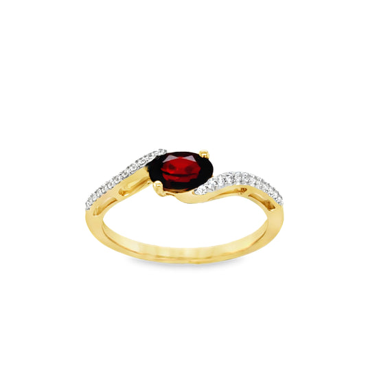 9ct Yellow Gold East-West Oval Garnet Ring with CZ Shoulders