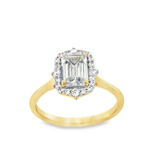 9ct Yellow Gold Emerald Cut CZ Halo Ring