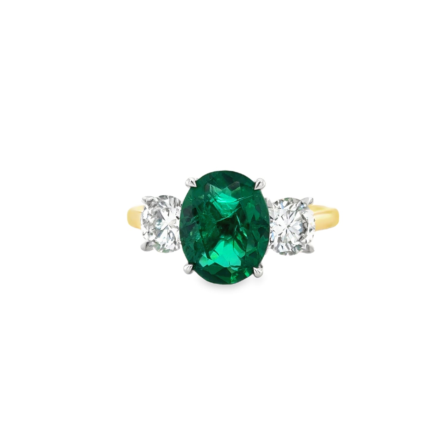 9ct 3 Stone Cultured Oval Emerald With Cultured Diamond Shoudlers 1.00ct