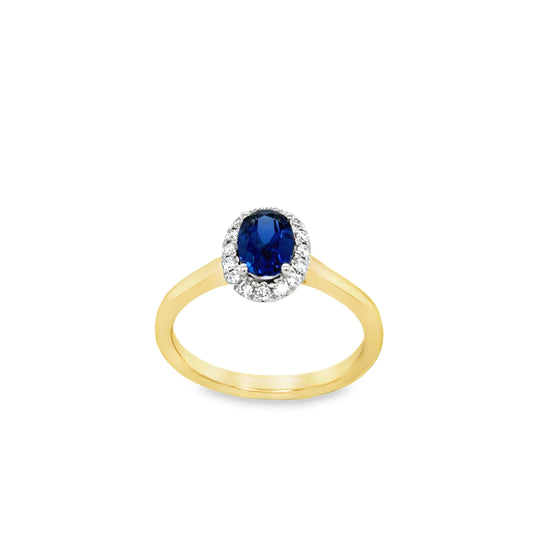 9ct Oval Cut Cultured Sapphire Ring With Cultured Diamond Halo .16ct