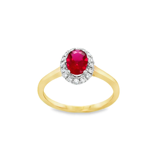 9ct Oval Cut Cultured Ruby Ring With Cultured Diamond Halo .16ct
