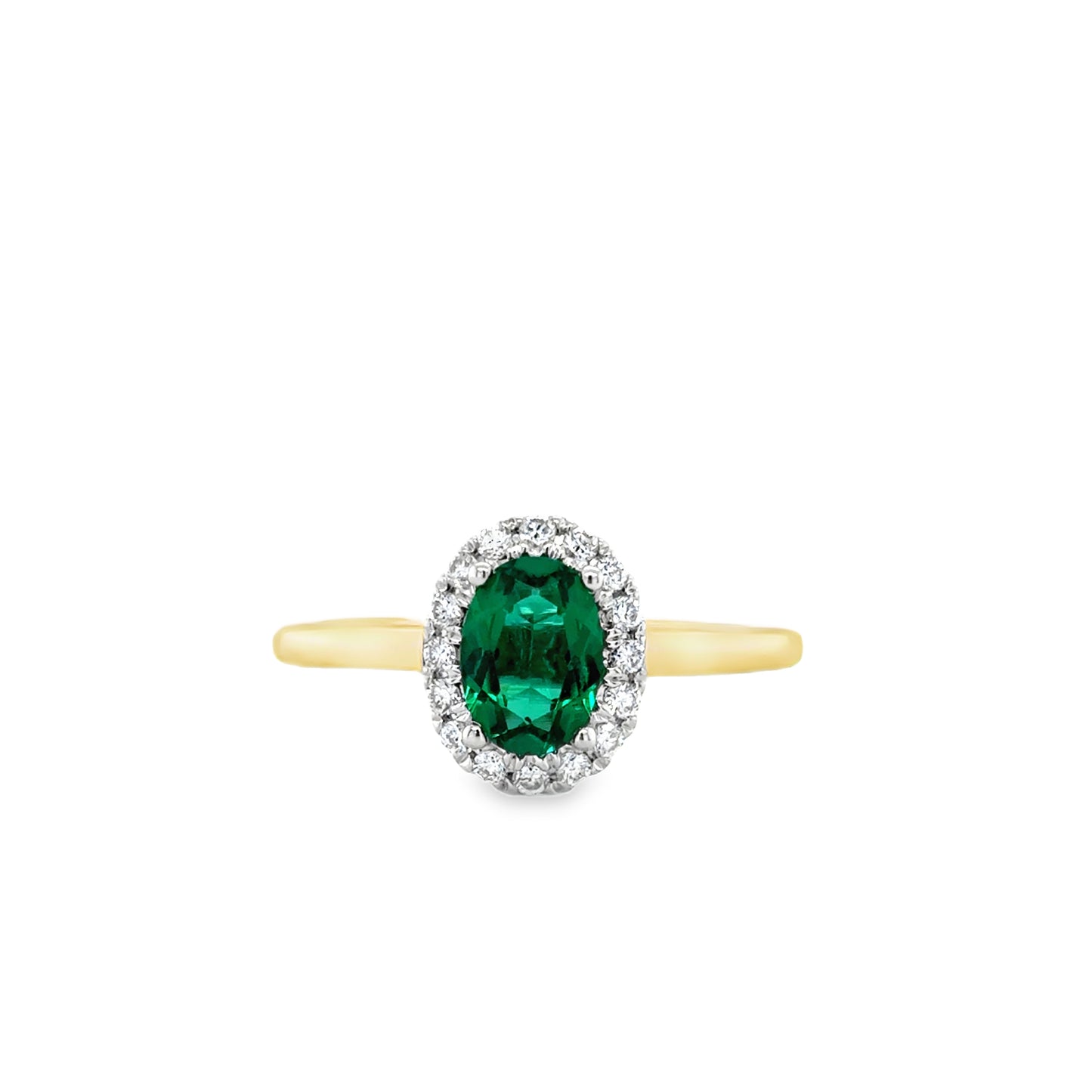 9ct Oval Cut Cultured Emerald Ring With Cultured Diamond Halo .16ct