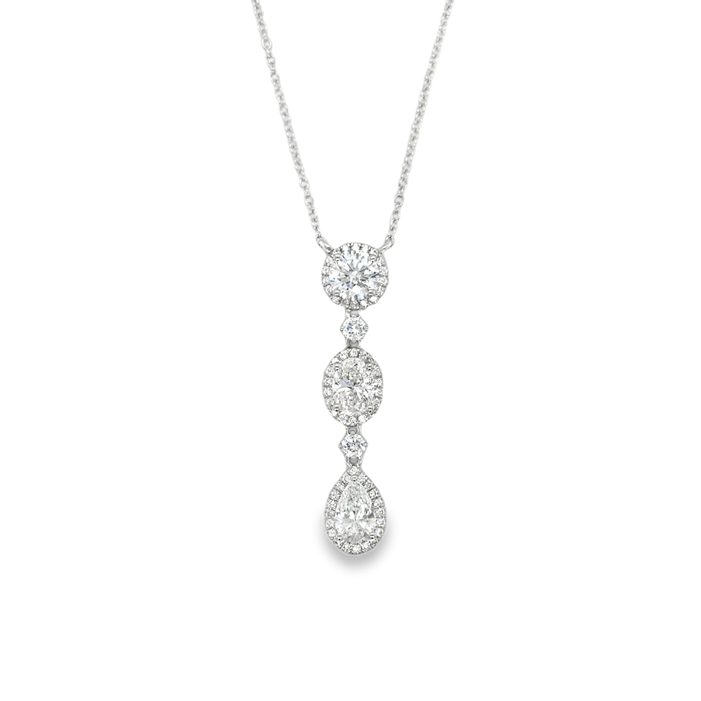 9ct White Gold Multi Drop Round Brilliant, Oval & Pear Cut Halo Pendant 1.88ct