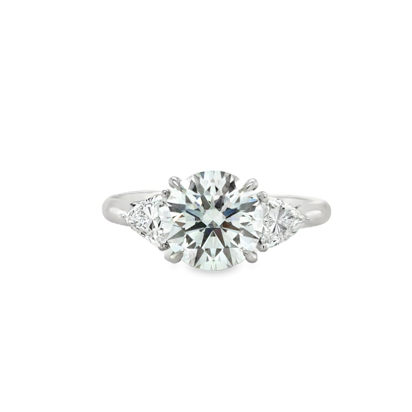 Platinum 3 Stone Round Brilliant Cultured Diamond Ring With Trillion Cut Side Stones 2.58ct
