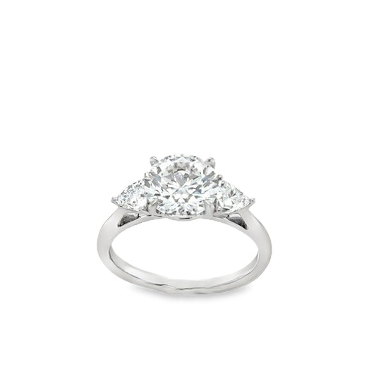 Platinum 3 Stone Round Brilliant Cultured Diamond Ring With Trillion Cut Side Stones 2.58ct
