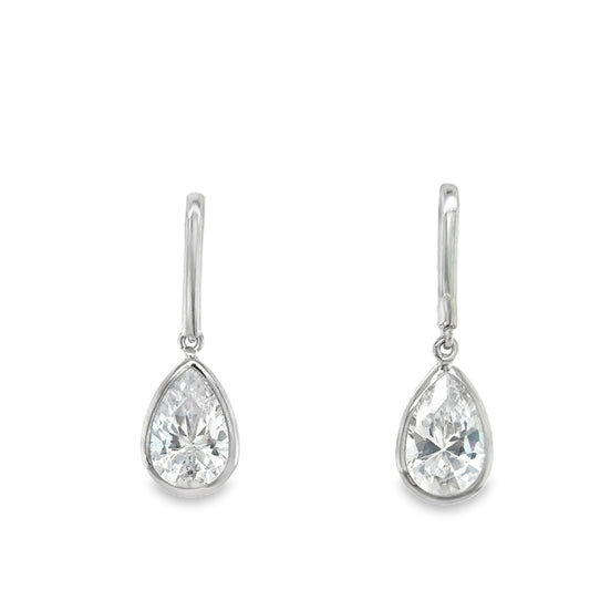 9ct White Gold Rubover Set Pear CZ Drop Earrings