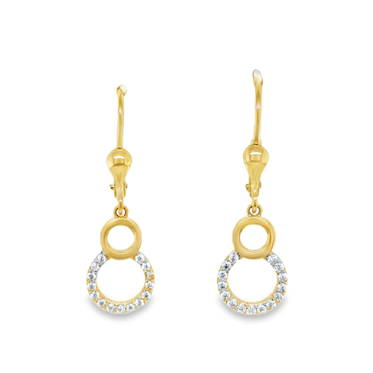 9ct Yellow Gold CZ Open Double Circle German Wire Drop Earrings