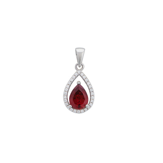 Sterling Silver CZ Open Pear Halo Pendant With Red Centre Stone