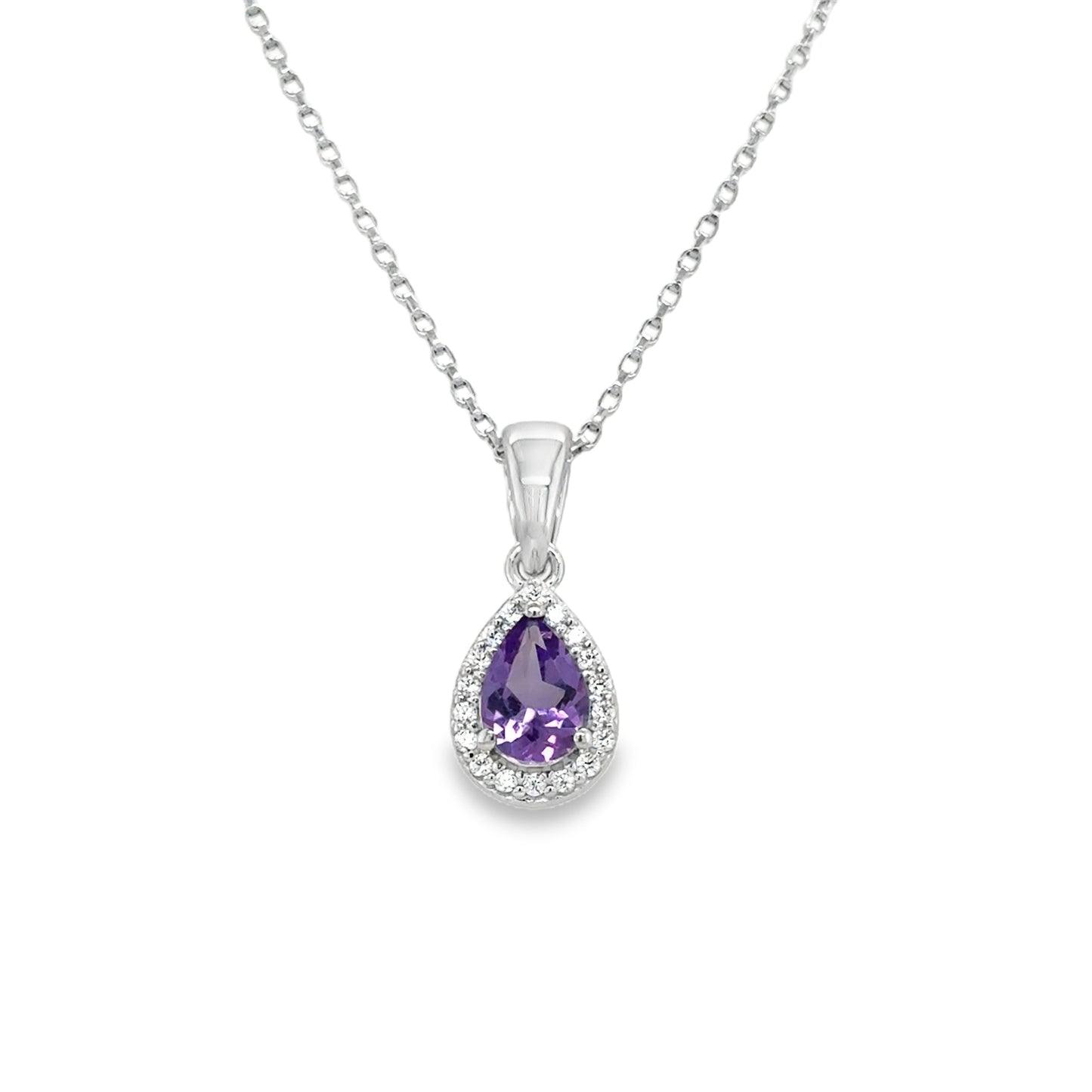 Sterling Silver CZ & Natural Purple Amethyst Pear Halo Pendant