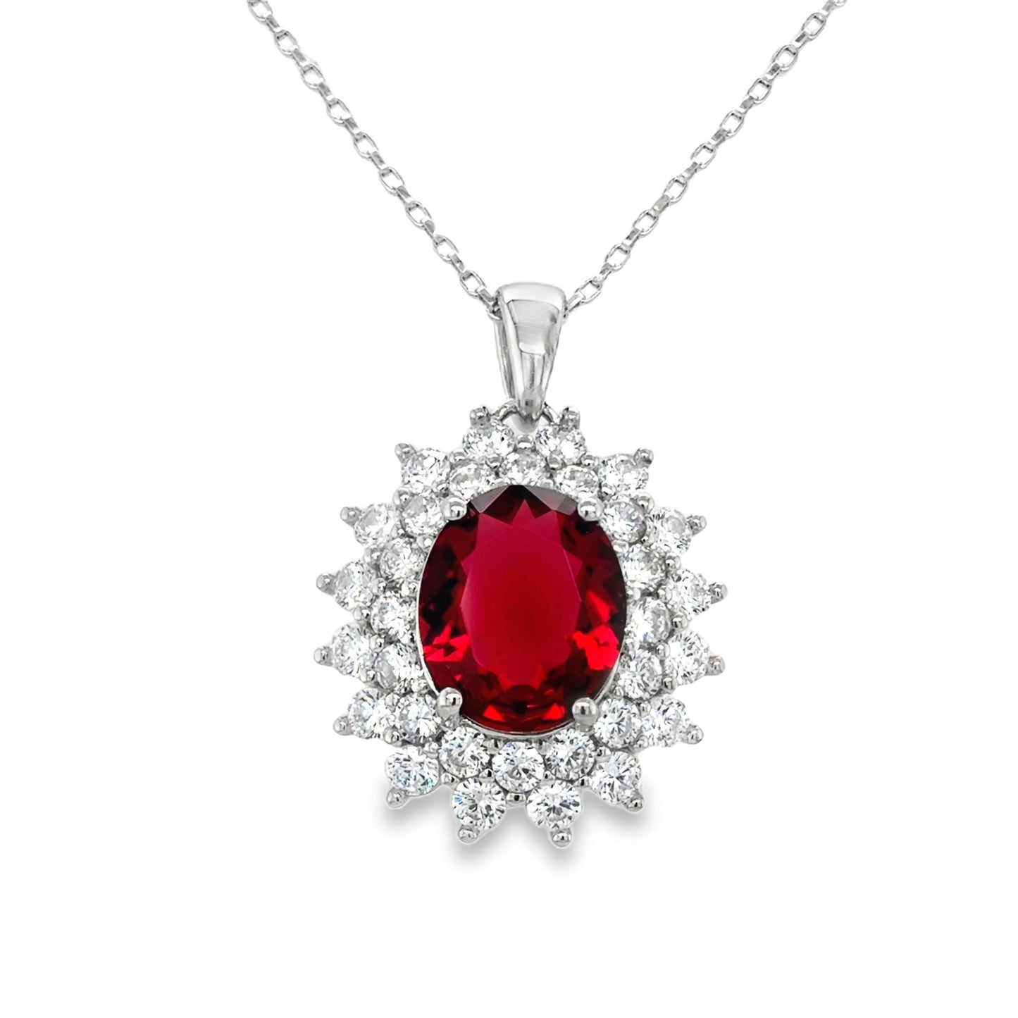 Sterling Silver Red CZ Oval Double Halo Pendant