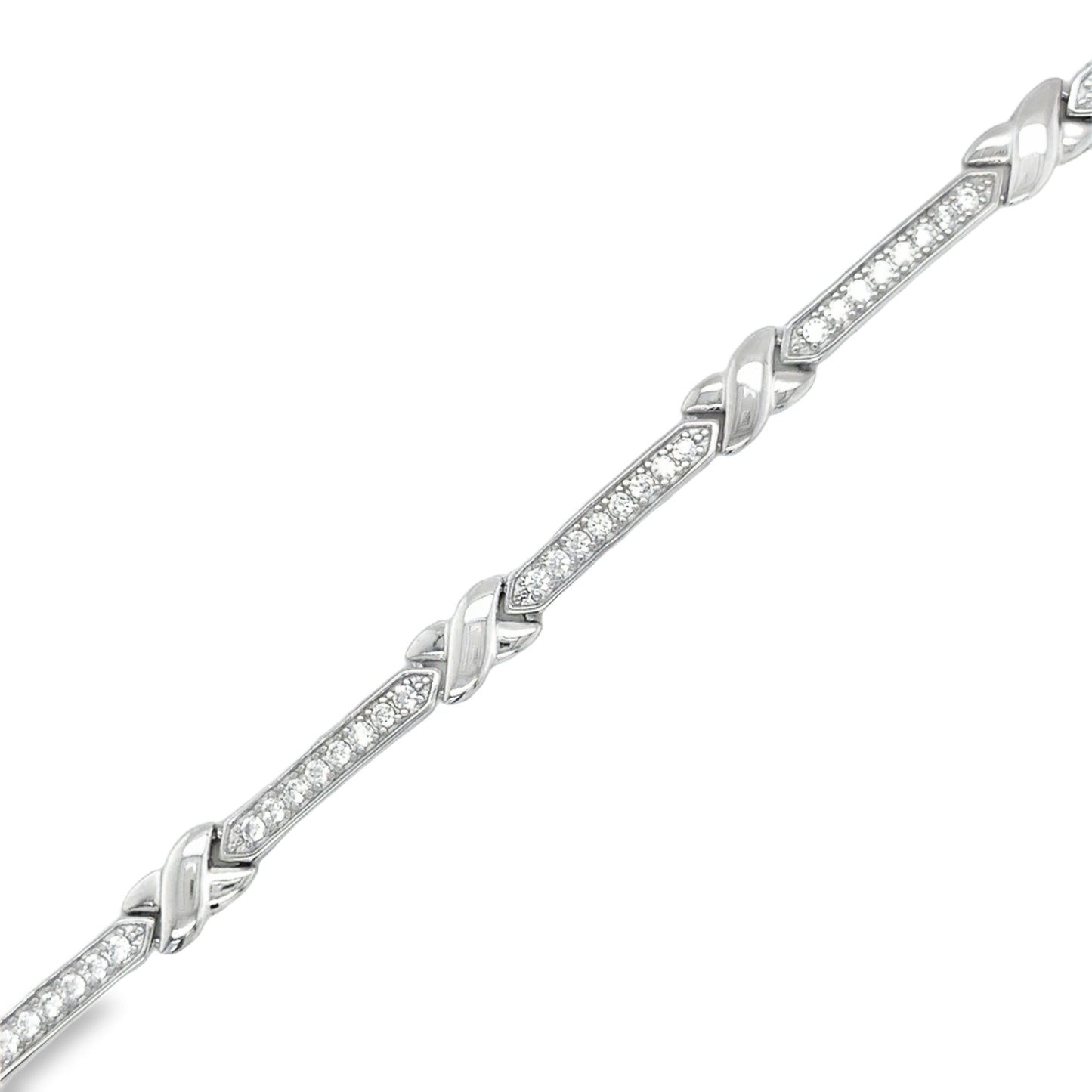 Sterling Silver Channel Set CZ Bar and Kiss Bracelet and Necklet Set