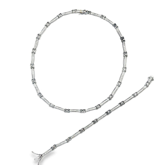 Sterling Silver Channel Set CZ Bar and Kiss Bracelet and Necklet Set