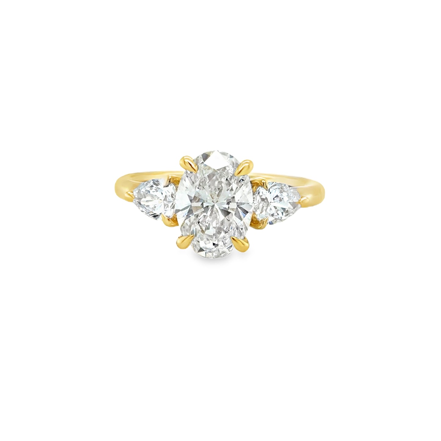 18ct 3 Stone Cultured Diamond Ring Oval Modified Brilliant Cut Centre With Pear Shoulders 2.83ct