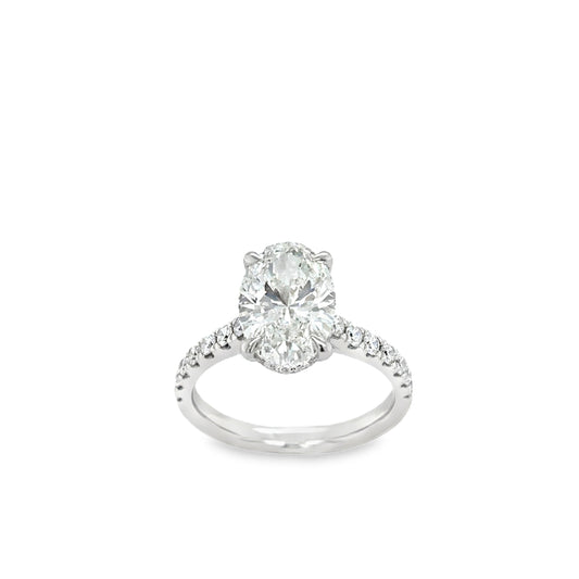 Platinum Oval Modified Brillant Cultured Diamond Ring With Hidden Halo & Stone Set Shoulders 3.59ct