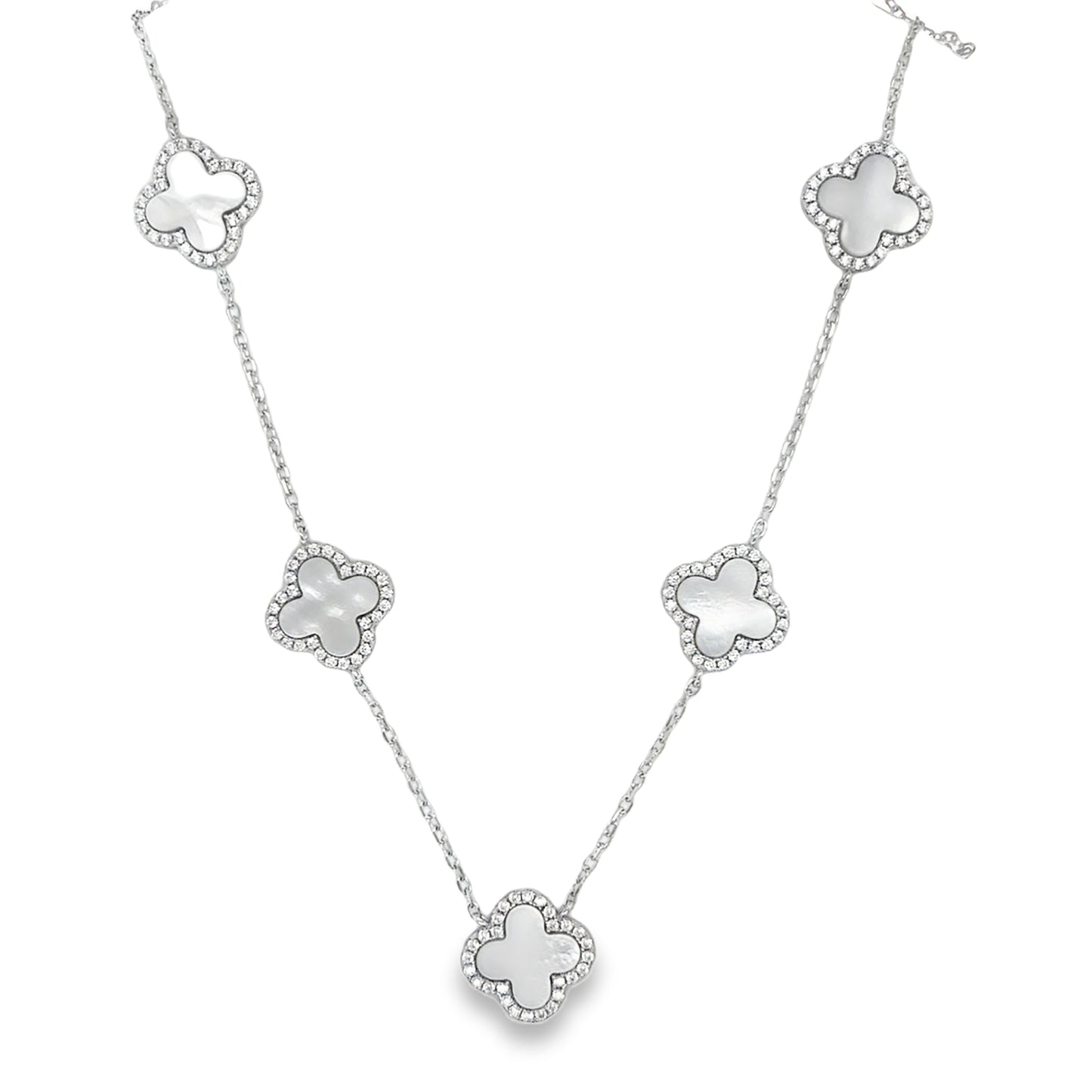 Sterling Silver CZ & Mother Of Pearl Clover Necklet