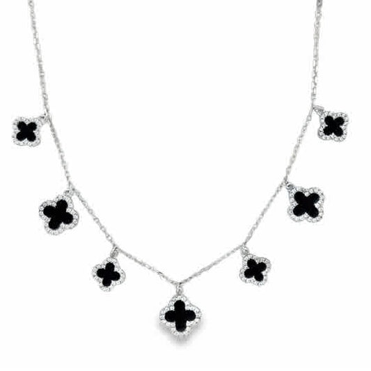 Sterling Silver CZ & Black Enamel Clover Scatter Necklet