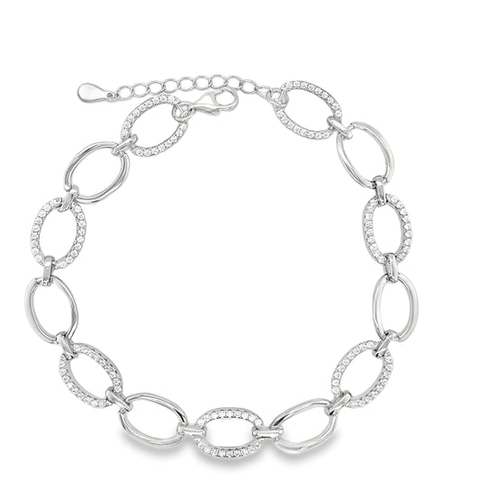 Sterling Silver CZ And Polished Open Oval Link Bracelet