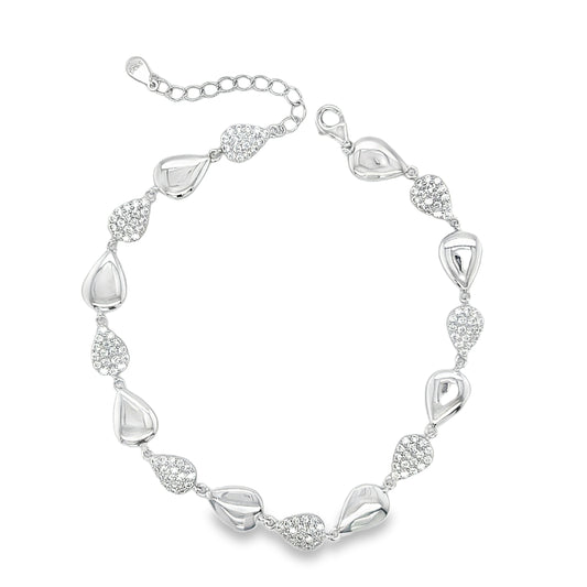 Sterling Silver CZ and Polished Tear Link Bracelet