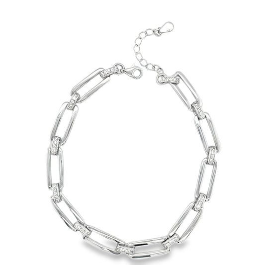 Sterling Silver Long Link Bracelet with CZ Detail