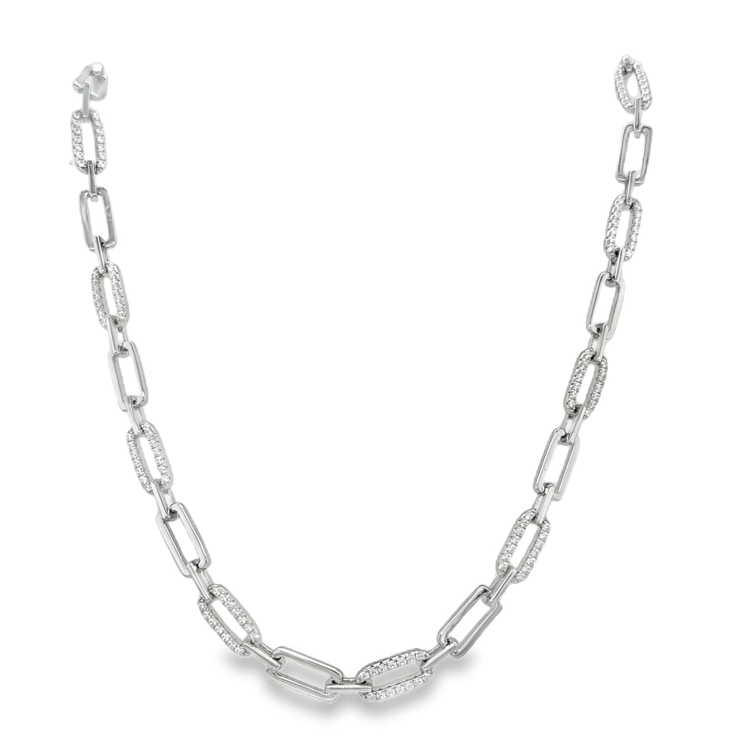 Sterling Silver CZ and Polished Open Rectangular Link Necklet